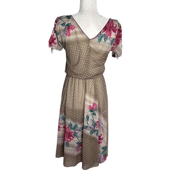 Vintage 80s Floral Short Sleeve Dress Small Slightly Sheer Tie Sleeves Elastic - Picture 4 of 8